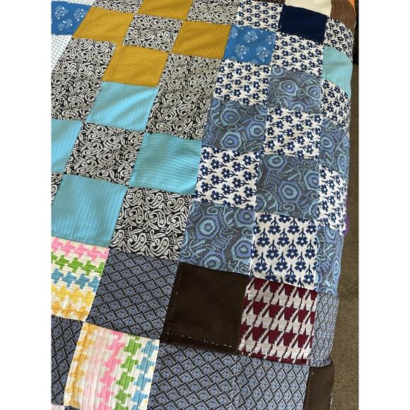 Vintage Hand Stitched Quilt Full Patchwork Square Block Polyester Masculine Read - Picture 2 of 8